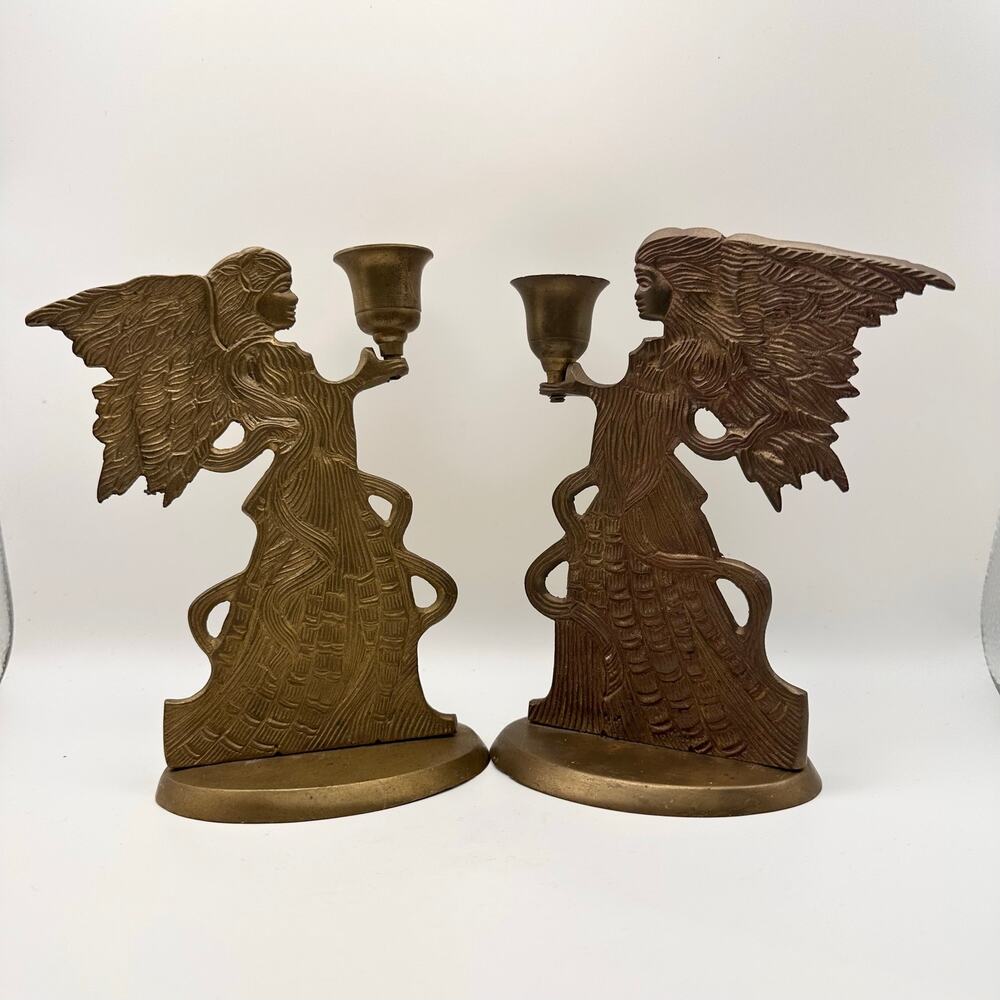 Vintage Made India Etched Brass Ethereal Angels Taper Candle Holders 7" Set of 2